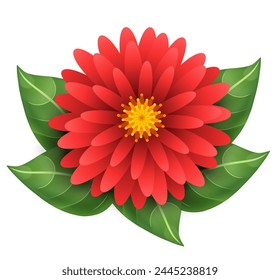 Red flower with green leaves. Vector 3D illustration isolated on white background.