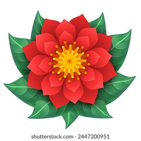 Flor roja con hojas verdes. Vector 3D ilustración aislada sobre fondo blanco.