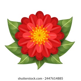 Flor roja con hojas verdes. Vector 3D ilustración aislada sobre fondo blanco.