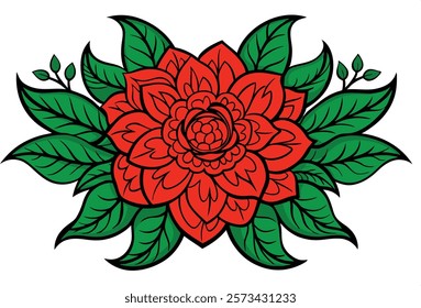 Red flower with green leaves vector