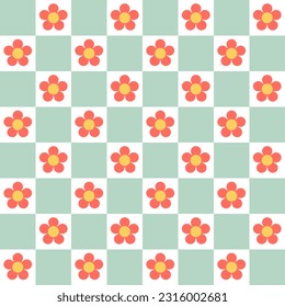 Red flower and green square checkered seamless pattern. Vector Repeating Background.