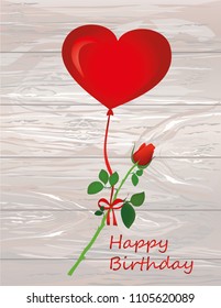 Red flower hanging on a ribbon with a bow on a hot air balloon in the shape of a heart. Greeting card or invitation for a holiday. Love. Empty place for text or advertising. Vector on wooden back