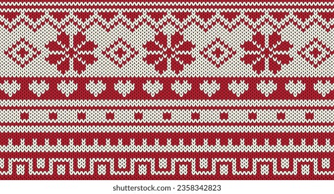 Red flower and heart knitted pattern for Christmas concept.Festive Sweater Design. Seamless Knitted Pattern