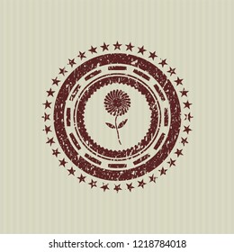 Red flower icon inside distressed rubber grunge texture stamp