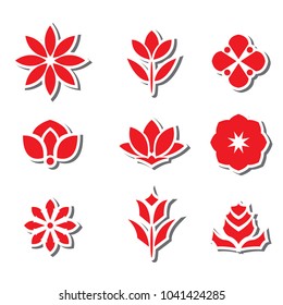 Red flower icon set with shadow