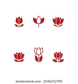 Una Ilustración vectorial de conjunto de iconos de flores rojas en fondo blanco.