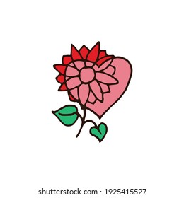 red flower icon with shape of heart on white background. beautiful flower with green leaf. vector illustration. hand drawn vector. doodle nature for clipart, sticker, poster, banner, logo, label.