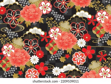 Red flower Japanese kimono pattern on black  background