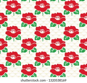 Red flower with Japanese pattern vector. Geometric background with floral element.