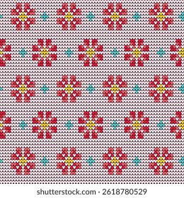Red Flower Knitted Pattern Seamless Cozy Floral Design on Pink Background