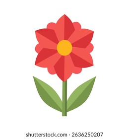 Red flower with layered pointed petals and a yellow center in flat style. Decorative spring bloom with green leaves and simple stem design