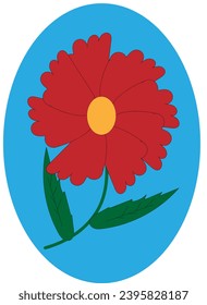 a red flower with a leaf on a blue background