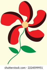 Red flower, flower with leaves, green leaf, red and green and yellow colors, flower vector illustration, suitable for spring and summer social media post and banner, minimal style drawing, flower icon