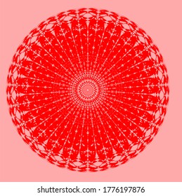 red flower mandala which has one hundred twelve petals and six layers of circles.Circular pattern mandala art decoration elements for meditation poster, adult coloring book page