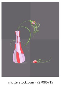 Red flower  in  a mosaic vase. Elegant surrealistic hand drawn vector illustration.