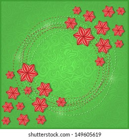 Red Flower on Green Background. Floral Invitation Card. Vector Illustration
