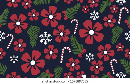 Red flower ornament, leaves, floral pattern christmas wallpaper.