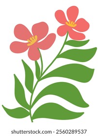 red flower painting on white background. two flowers are very Nice And beautiful art. Bouquet or flower bed of red flowers, six petals and grass, green leaf and stem, white background, isolated object