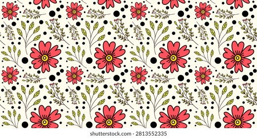 red flower pattern design with small branch botanical elements
