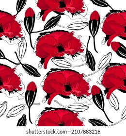 Red flower pattern. Red Poppy flower pattern.Design for printing, fabric ,packaging.