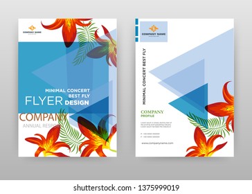 Red flower petal with blue triangle arrows. Business brochure flyer design. Multipurpose abstract brochure template with cover & back pages. Leaflet vector design. Annual report presentation