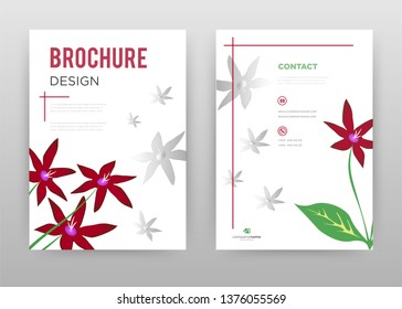 Red flower petals and green leaf business annual report brochure flyer design. Multipurpose abstract brochure template, include cover and back pages. Flowers flyer leaflet vector design. Vertical A4