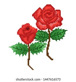 red flower with pixel art style. Rose pixel art. EPS 10