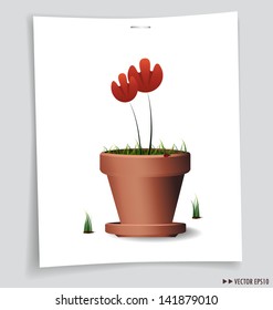 Red Flower Plant in Clay Pot. Vector illustration. 