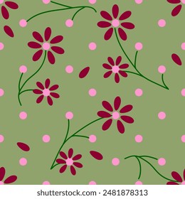 Red flower and polka pastel seamless pattern. Decorative colorful elegant romantic seamless pattern with flowers for decor, wallpaper, fabric. Abstract fashion texture. Vector illustration