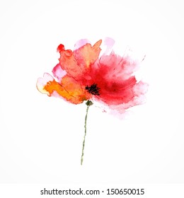 Red flower. Poppy. Watercolor floral illustration. Floral decorative element. Vector floral background.