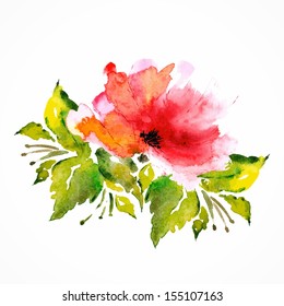 Red flower. Poppy. Watercolor floral decoration. Floral bouquet. Vector floral background. Birthday card.