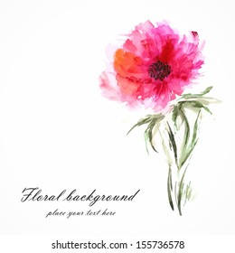 Red flower. Poppy. Watercolor floral decoration. Floral bouquet. Vector floral background. Birthday card.