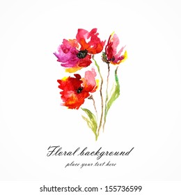 Red flower. Poppy. Watercolor floral decoration. Floral bouquet. Vector floral background. Birthday card.