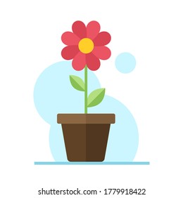 Red flower in pot flat illustration. Color vector icon. Red flower with green leaves in pot vector illustration. Floral business concept