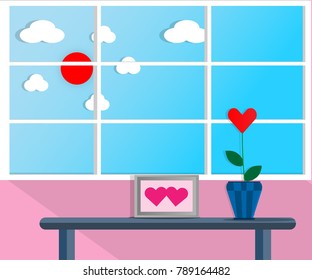 Red Flower Pot Heart-shaped picture frame placed on a table by the window with the sunlight shining into the room. - Vector Illustration Valentines Day