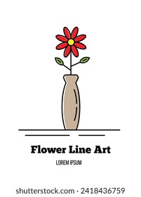 Red Flower in Pot Line Art. A cute red chamomile in a vase vector