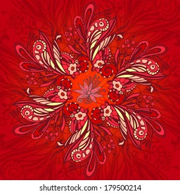 Red flower seamless pattern with doodle abstract elements