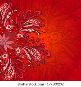 Red flower seamless pattern with doodle abstract elements