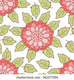 Red flower seamless pattern with leafs.
