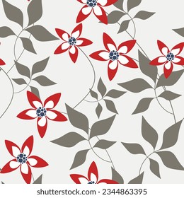 Red flower seamless pattern vector. Flat geometric cartoon leaves. Abstract floral illustration. Botanical backdrop, wallpaper, graphic background, fabric, textile, print, package design.