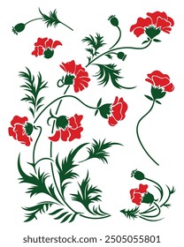 Red Flower Set. Poppy Flowers Vector Illustration