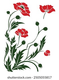 Red Flower Set. Poppy Flowers Vector Illustration