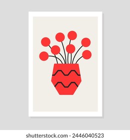Red flower set in vase. Ceramic red glass vase with black pattern. Cute flowers icon collection. Pottery Glass decoration. Modern abstract art. Hand drawn poster. White background. Flat design. Vector