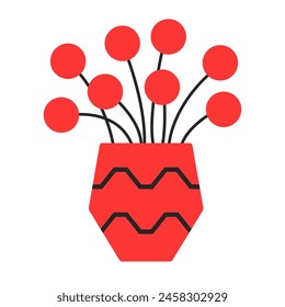 Red flower set in vase. Ceramic red glass vase with black pattern. Cute flowers icon collection. Pottery Glass decoration. Modern abstract aesthetic art. White background. Flat design. Vector