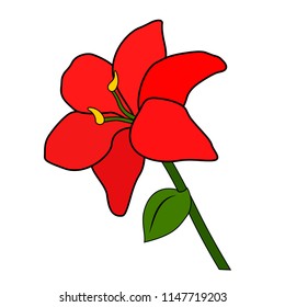Red flower, six petals, green leaf and stem, white background, isolated object, simple stylized pattern, Version 2
