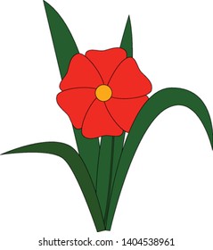 A red flower with six petals and an orange core and green leaves surrounding it, vector, color drawing or illustration. 