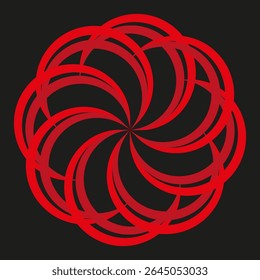 Espiral de flor vermelha. Pétalas curvas negras. Forma de contraste escuro. Design floral vetorial.