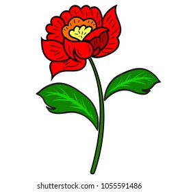Red flower with a stem and leaves on a white background. Vector illustration