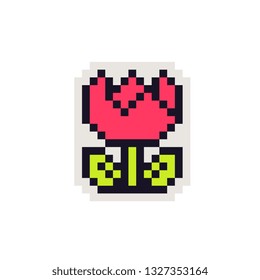 Red flower sticker pixel art icon design for logo, web, mobile app, badges and patches. Video game sprite. 8-bit. Isolated vector illustration.  