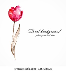 Red flower. Tulip. Watercolor floral decoration. Floral bouquet. Vector floral background. Birthday card.